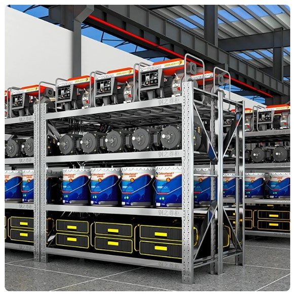 360-degree structural analysis of a heavy duty stainless steel workshop rack showing diagonal brace, adjustable shelves, vertical column, crossbar, and laminate construction for load capacity and stability.