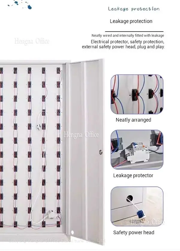 Inside a device charging cabinet showing neatly wired individual power outlets with leakage protection