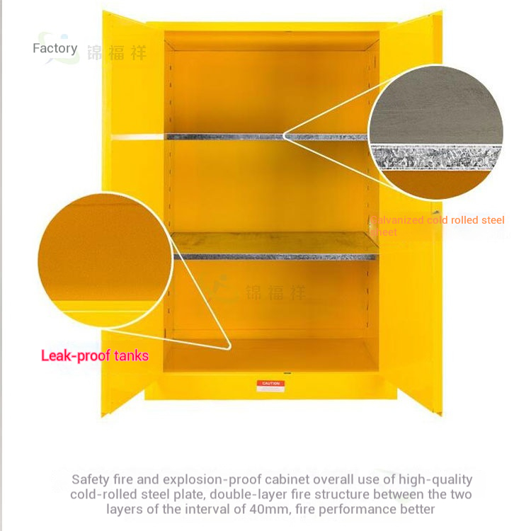 Flammable storage cabinet detail showing leak-proof sump tray and double-wall cold-rolled steel construction