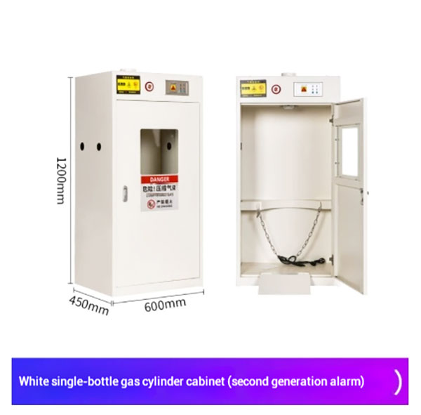 Inside a gas cylinder storage cabinet showing the safety chain that secures oxygen and acetylene bottles upright