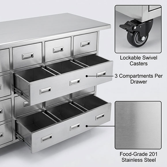 Medicine dispensing cabinet detail showing divided drawers, lockable swivel casters, and food-grade stainless steel